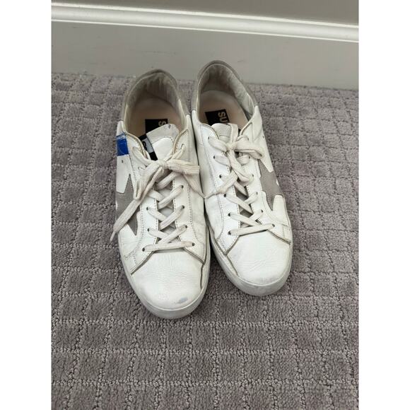 Golden Goose Super-Star Leather Low-Top Sneakers in White w/Blue, Red Stripe 38 - Picture 1 of 5